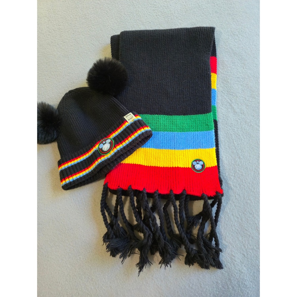 Disney Beanie Scarf Set Unisex OS Black Rainbow Mickey Mouse Pom Pom Tassel Knit